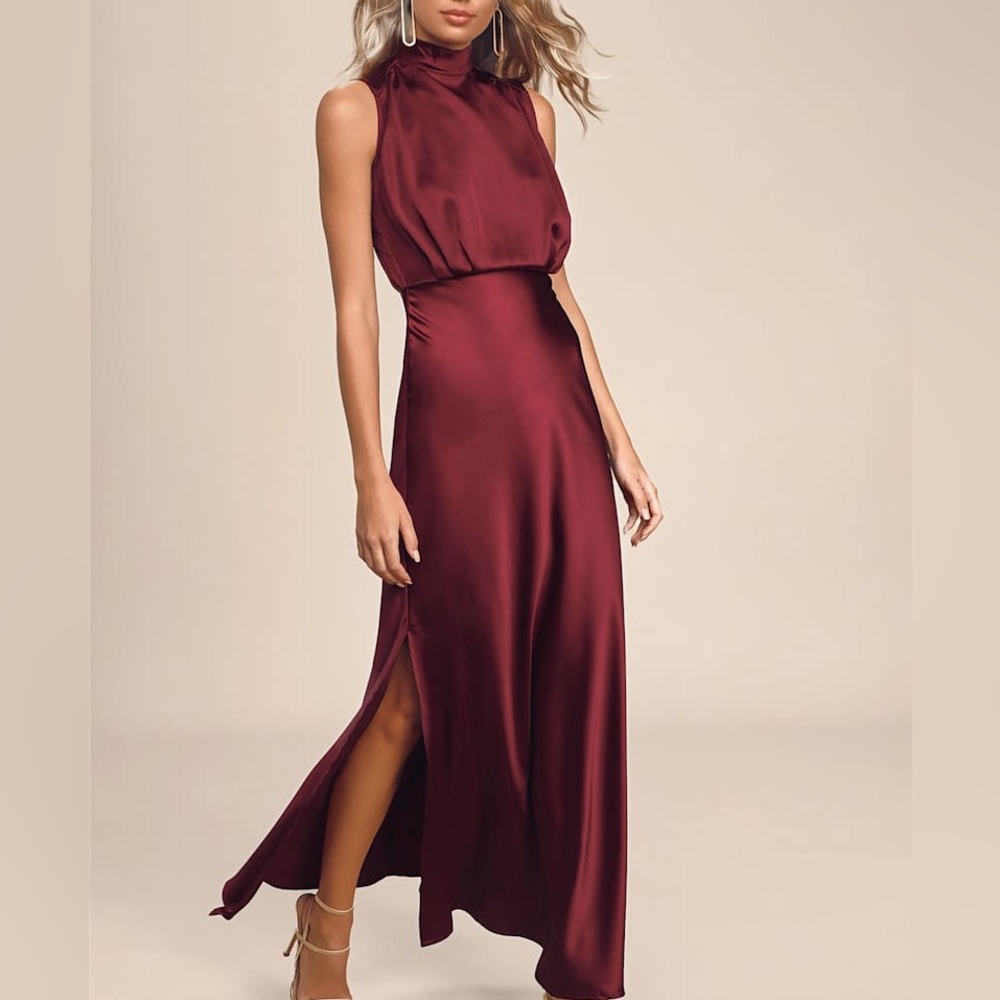 Lulus Classic Elegance Wine Red Satin Maxi Dress small - Picture 2 of 9